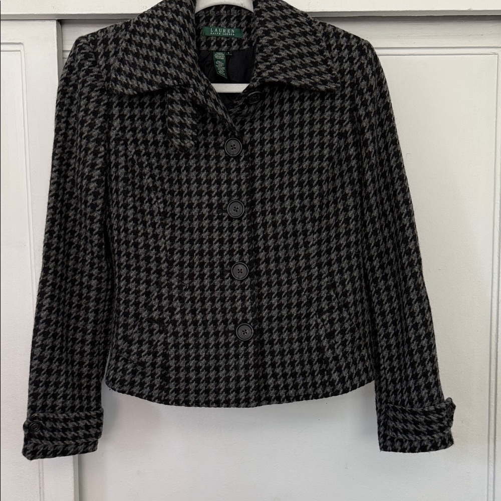 Lauren Ralph Lauren Black & Gray Houndstooth Cropped Pea Coat
